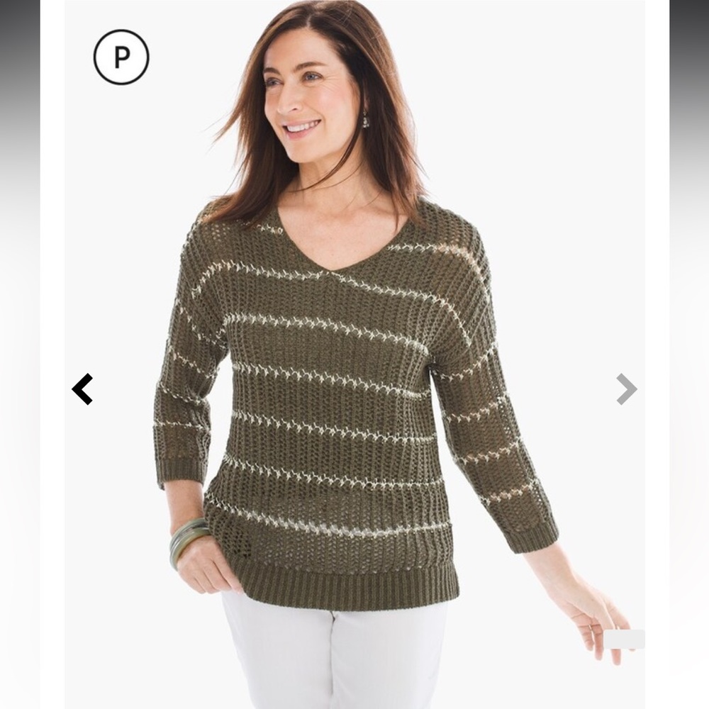 •CHICOS•SHINE STRIPED CHARLOTTE OPEN KNIT RIBBED 3/4 SLEEVE SCOOPNECK SWEATER 1